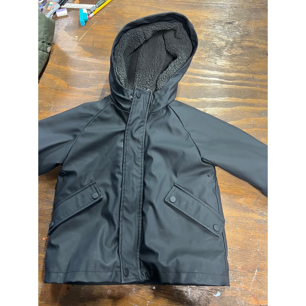 Zara Kids Black Sherpa Lined Hooded Raincoat Jacket Size 3 Years 98cm